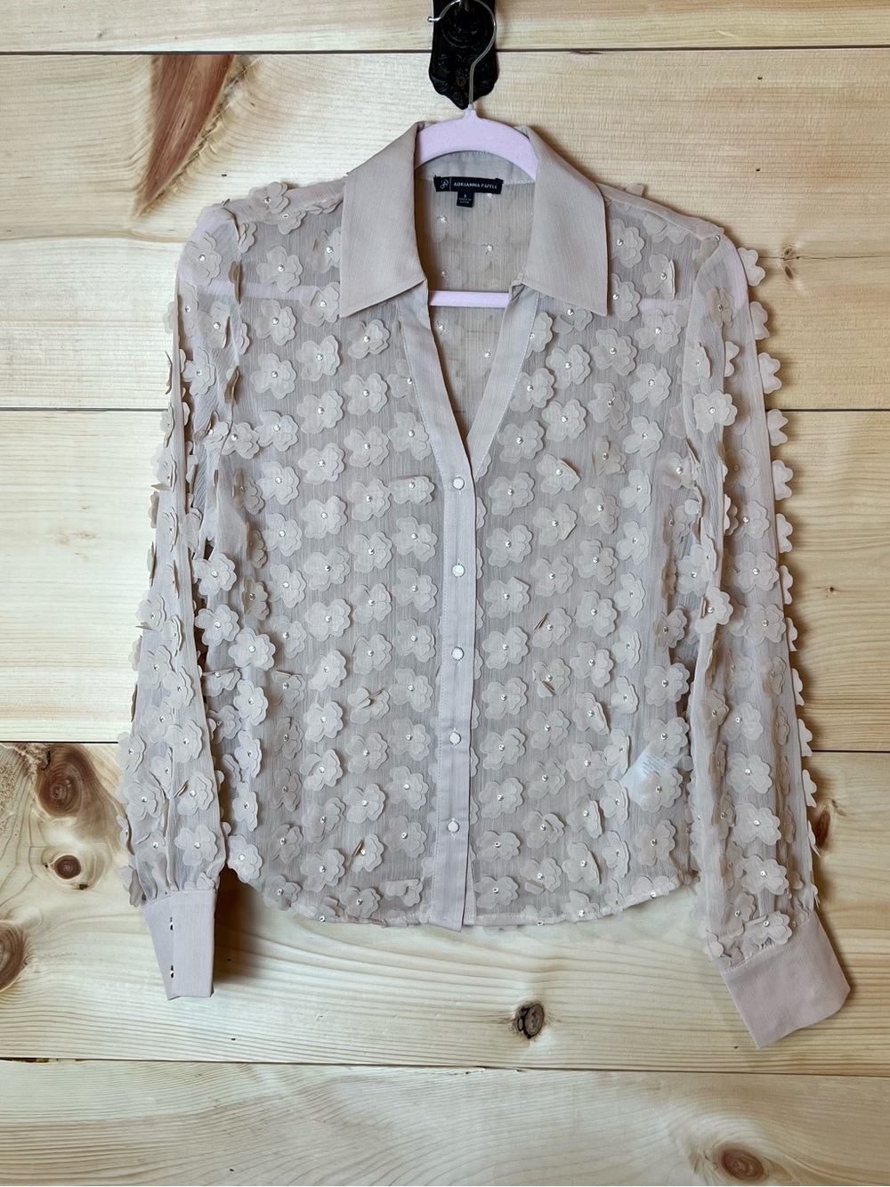 Adrianna Papell Sheer Cream 3D Floral Appliqué Blouse - Feminine Classy Gauzy